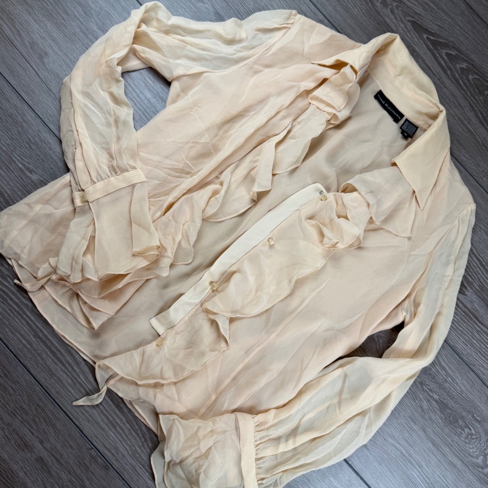 Dana Buchman Womens Silk Ruffle Blouse Sheer Long Sleeve Peach 12